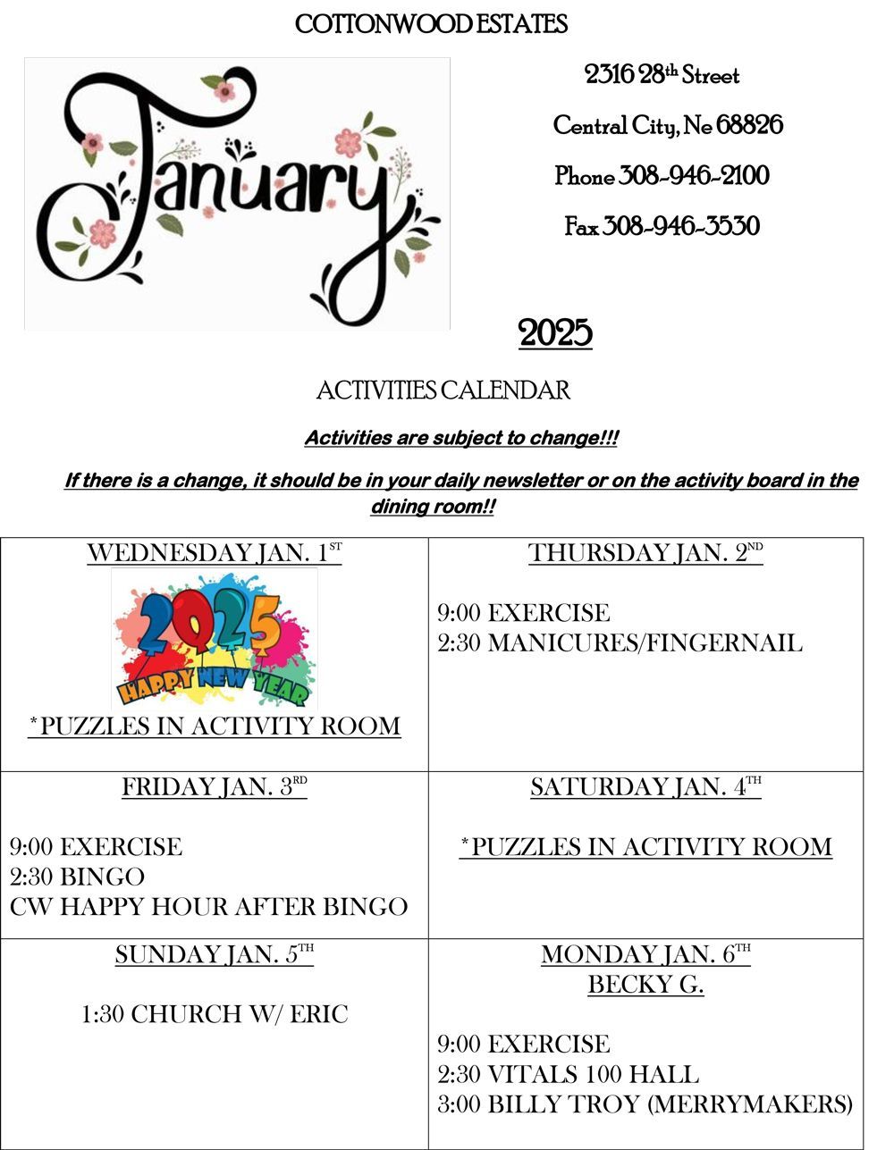 January 2025 Calendar — Central City, NE — Cottonwood Estates