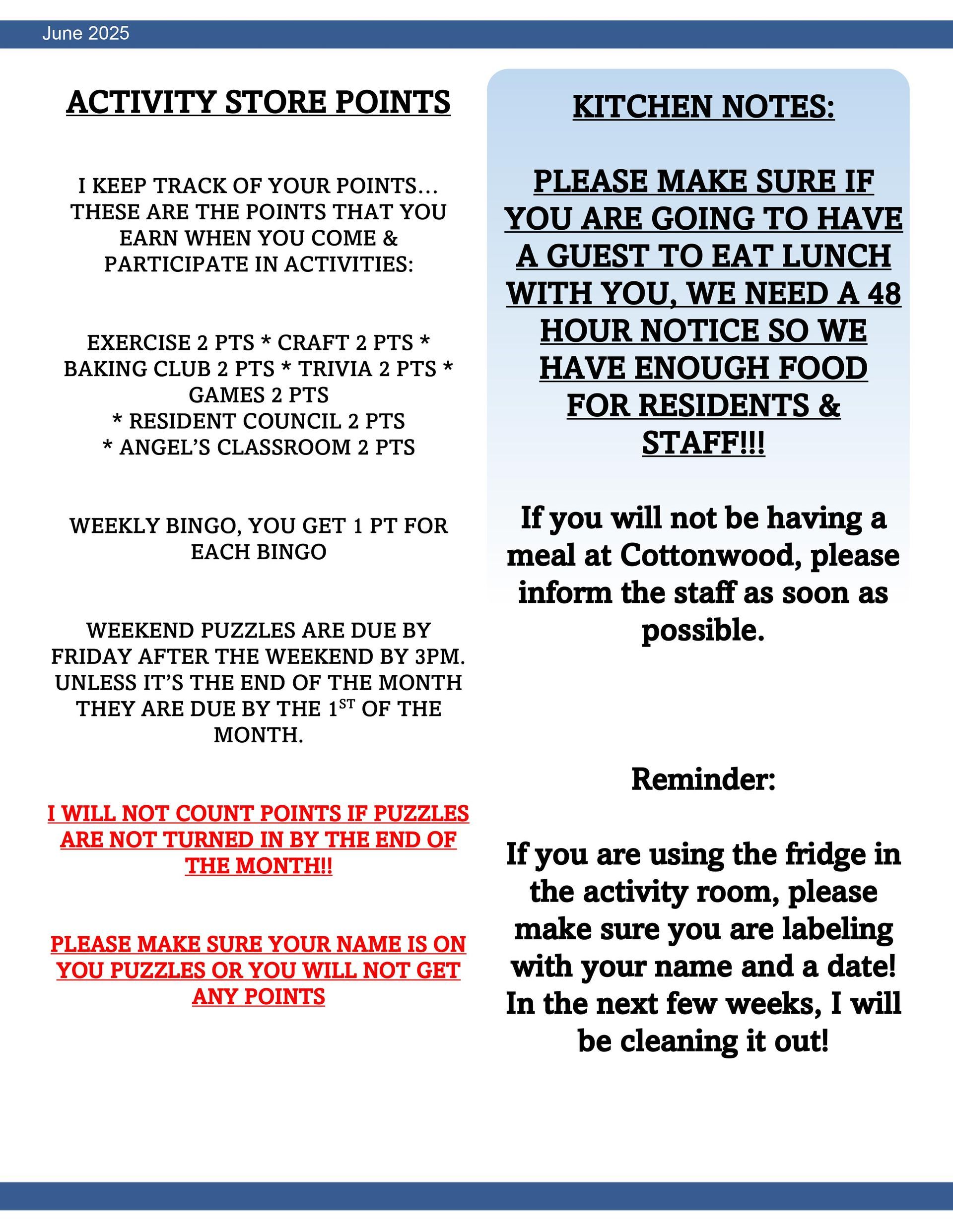 A page of a magazine with a list of activity store points and kitchen notes.