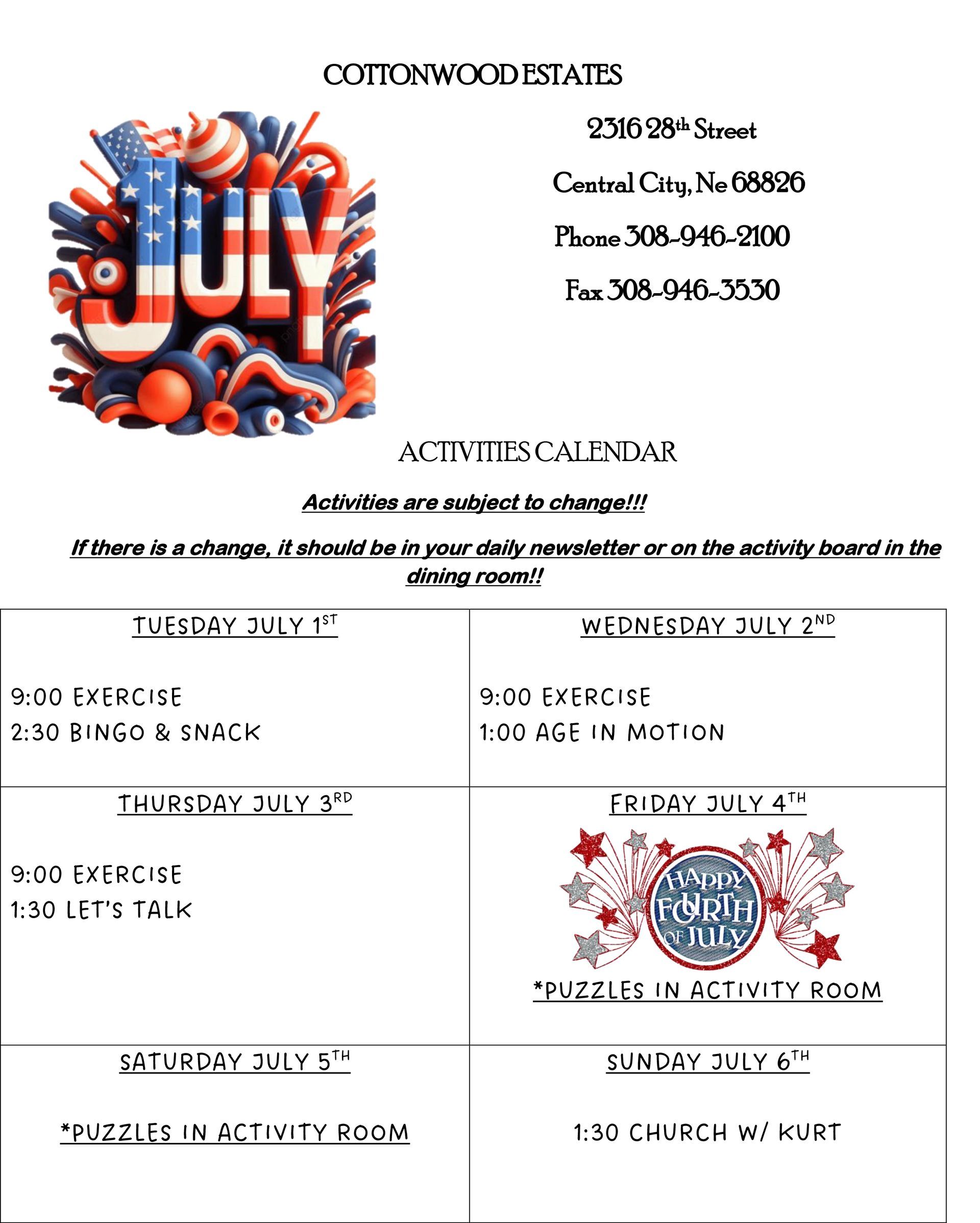 A calendar for july with a picture of an american flag on it