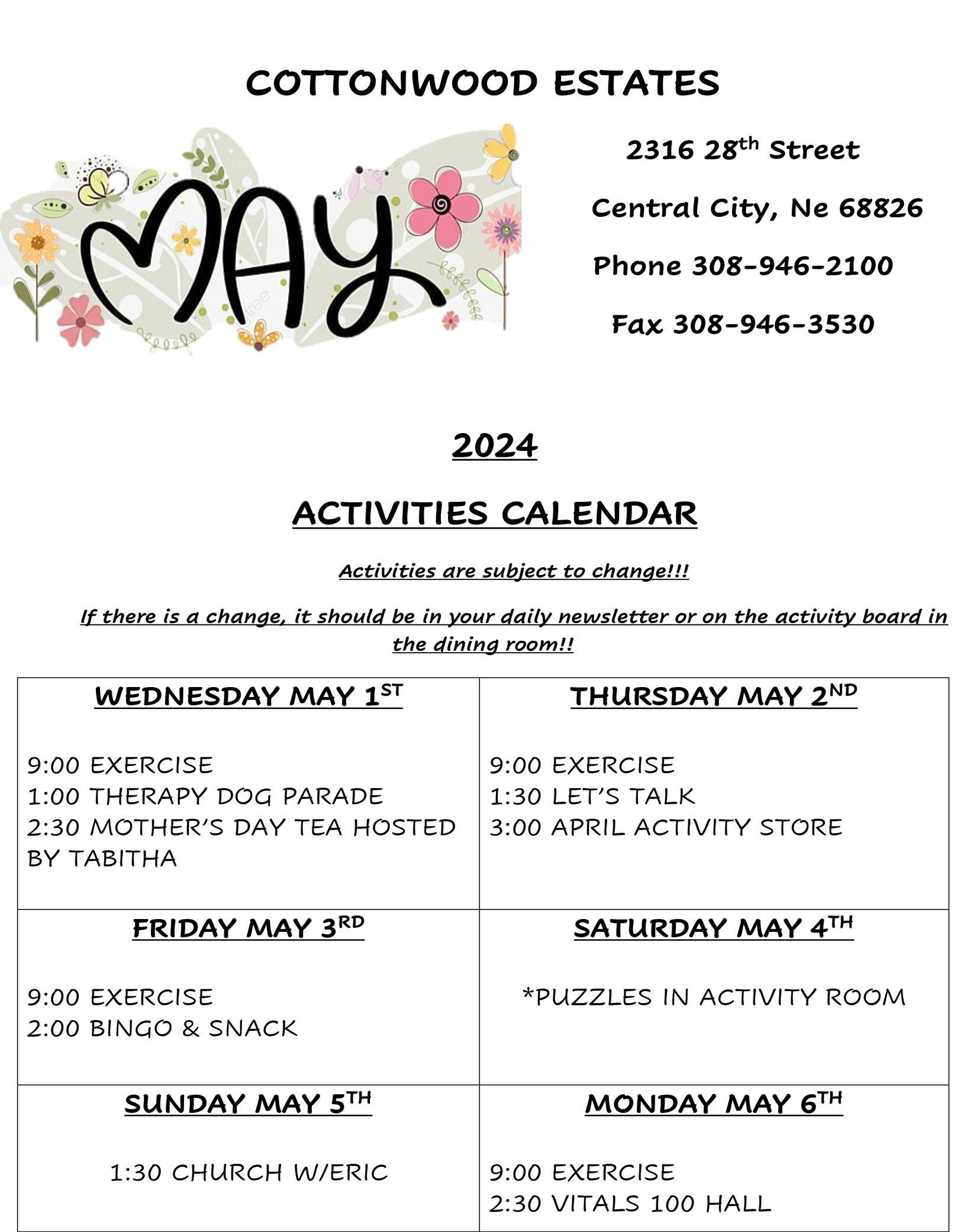 May Calendar — Central City, NE — Cottonwood Estates