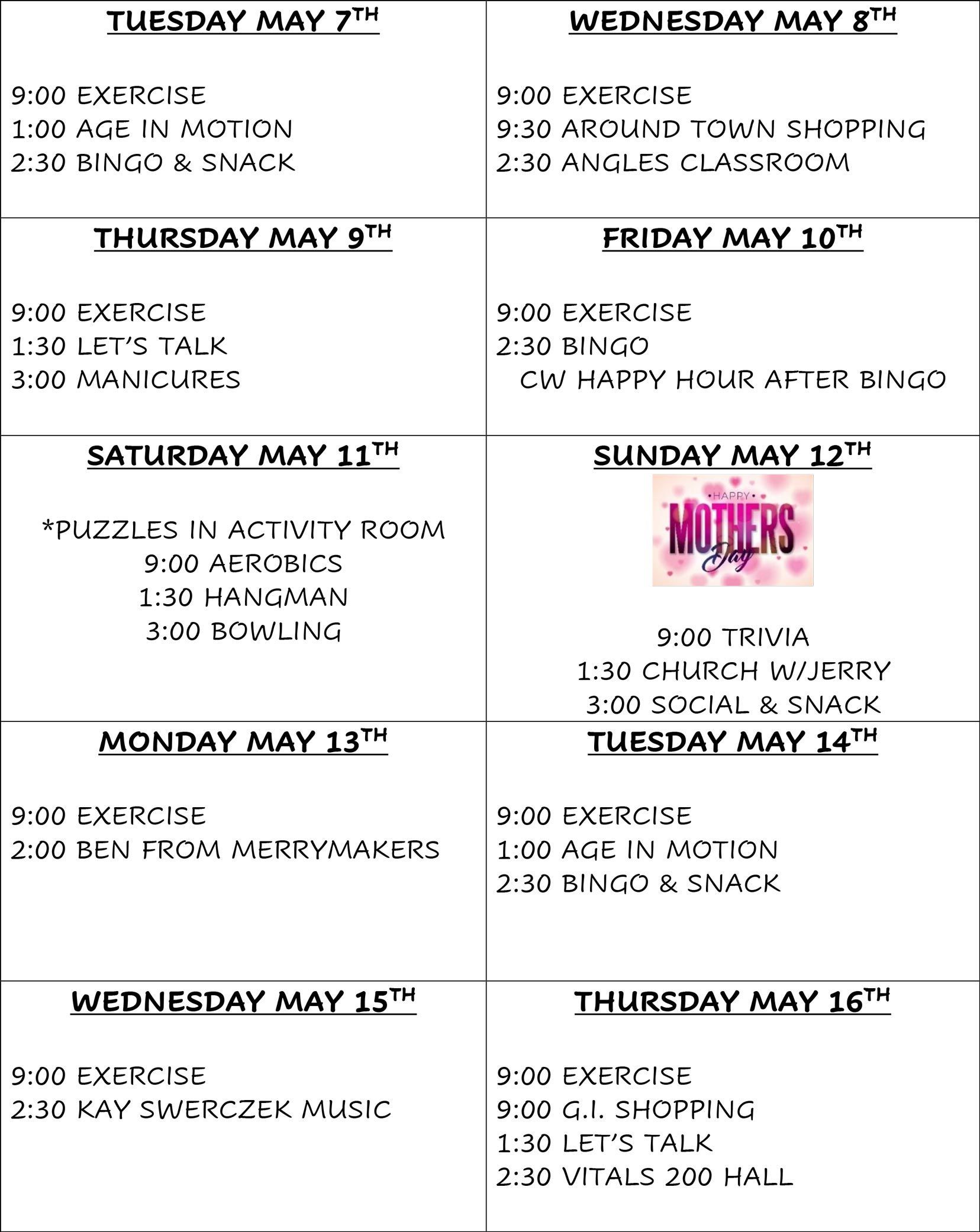 May Calendar Of Activities — Central City, NE — Cottonwood Estates