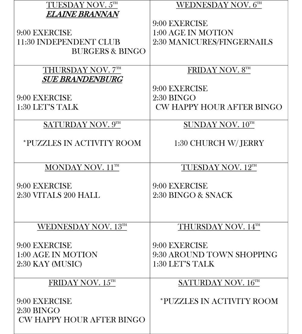 A schedule of activities for the month of november