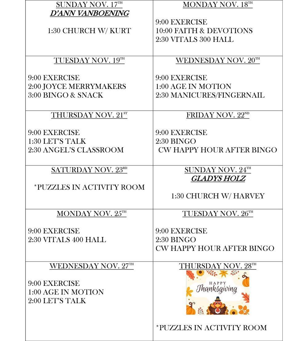 A schedule for the week of november 17th and 18th