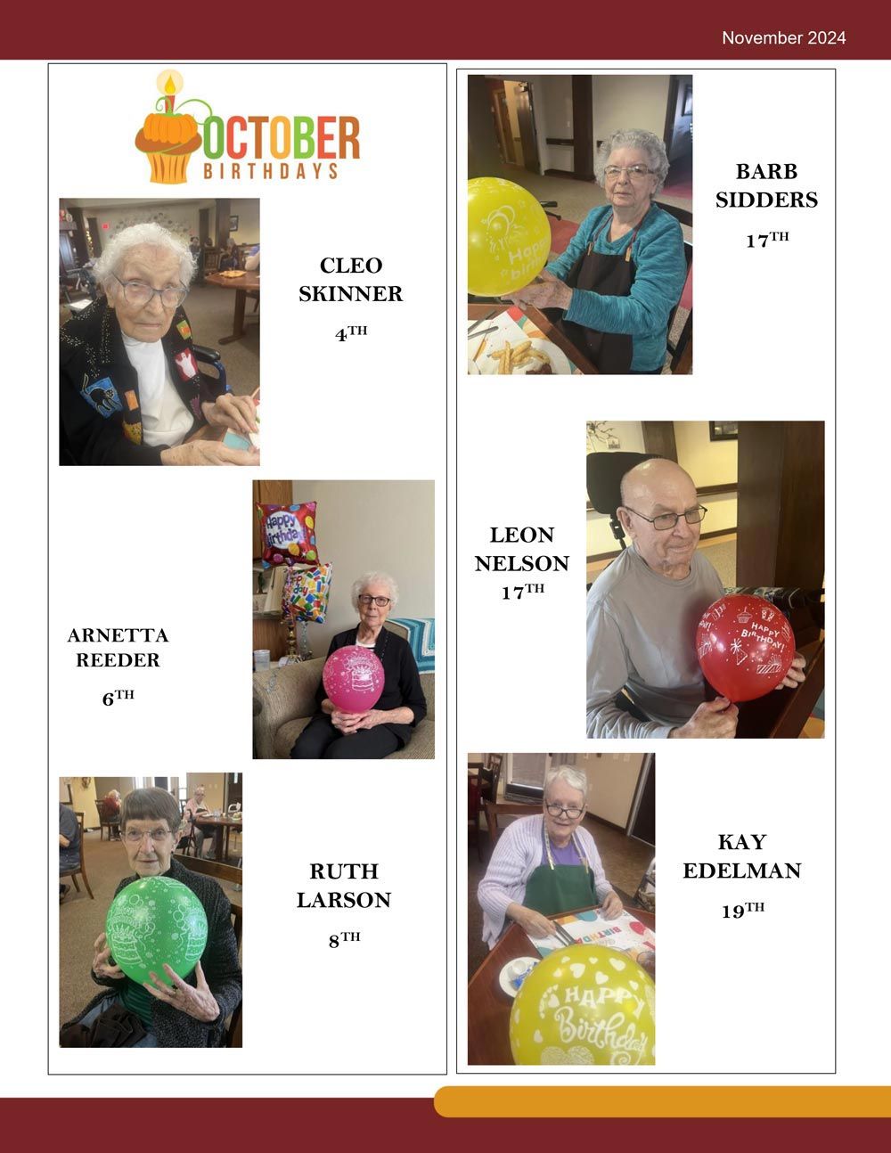 A collage of photos of elderly people holding balloons.