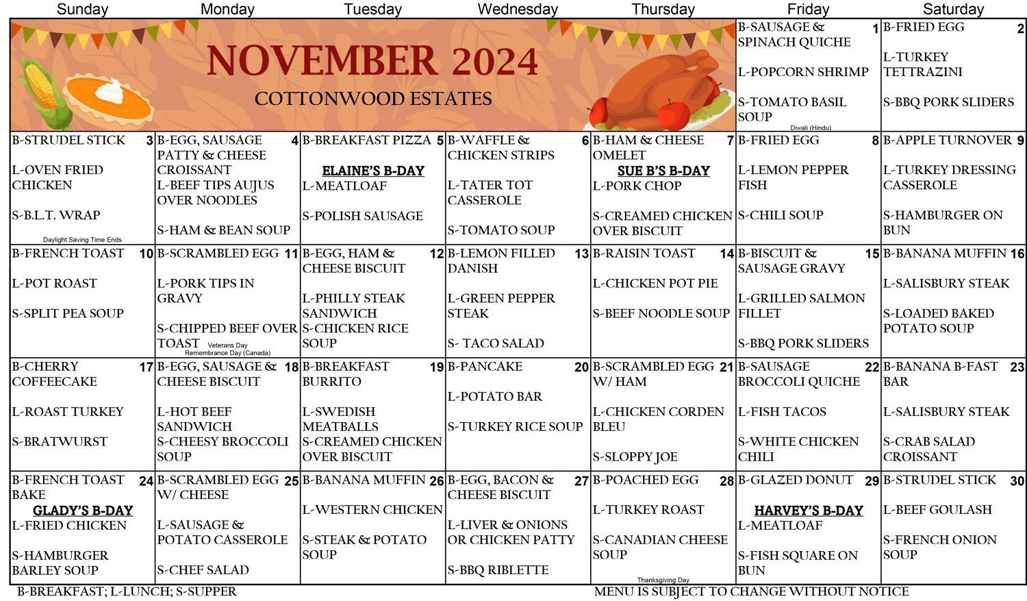 A calendar for november 2024 with a turkey on it