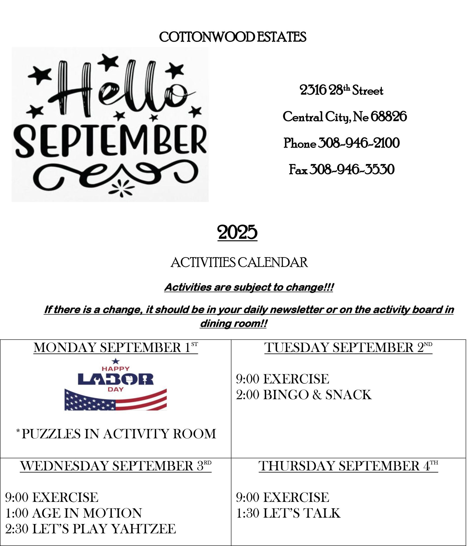 September 2025 activity calendar for Cottonwood Estates with Labor Day and other daily activities listed.