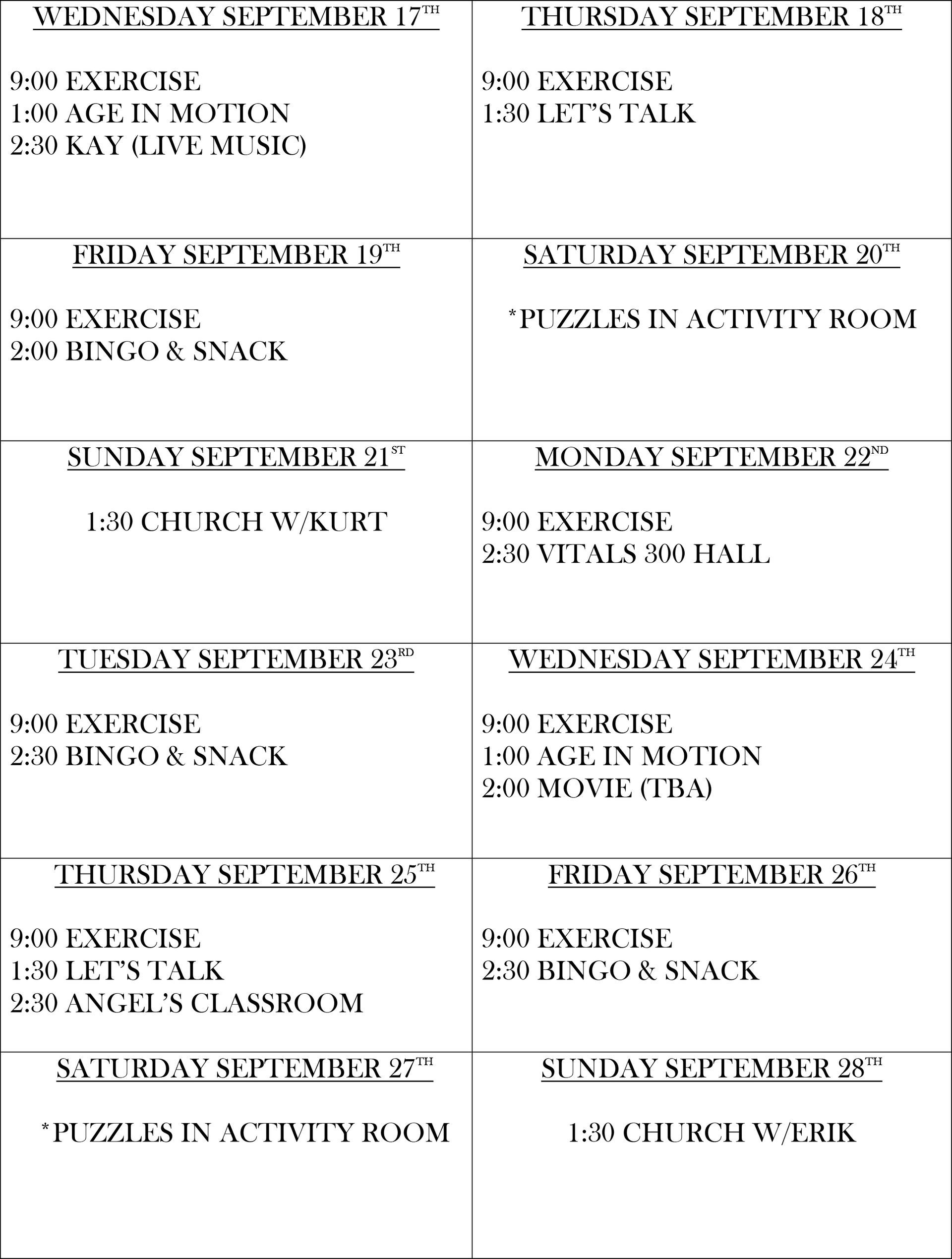 Calendar view with weekly activity schedules. Includes exercise, Bingo, and other activities.