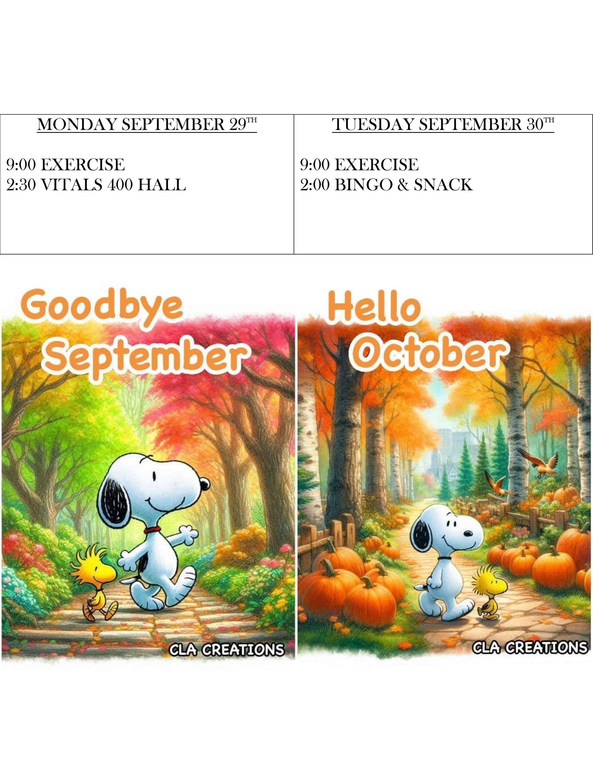Snoopy and Woodstock in fall scenes, Goodbye September and Hello October, with to-do lists above.