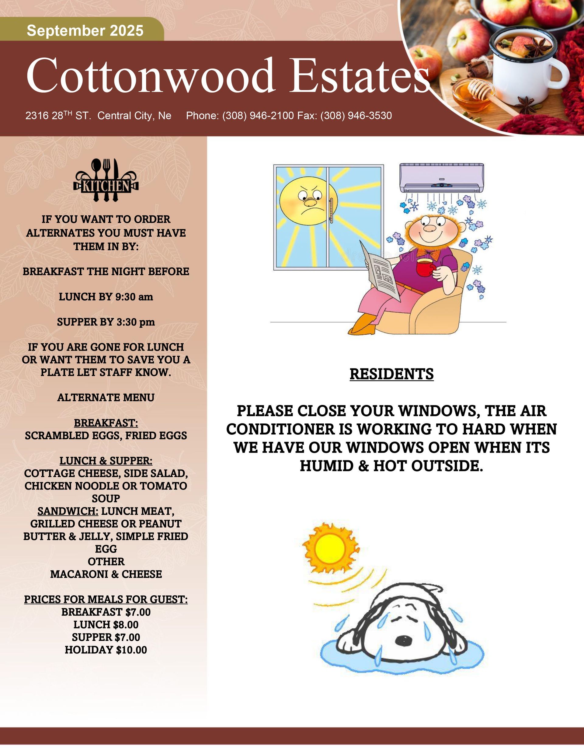 Newsletter with message: close windows, air conditioner is working hard when windows are open.