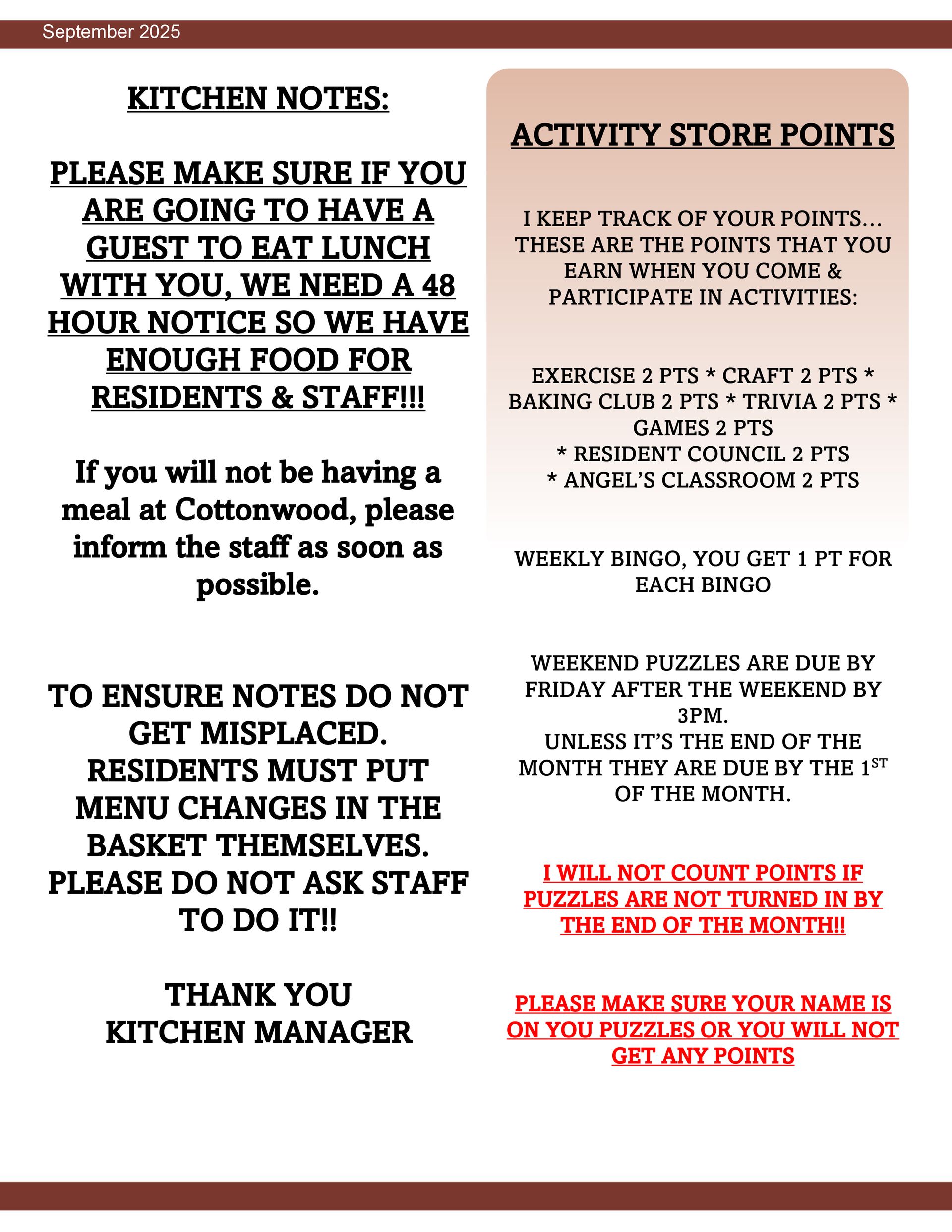 Kitchen notes and activity store points for residents with rules and reminders.