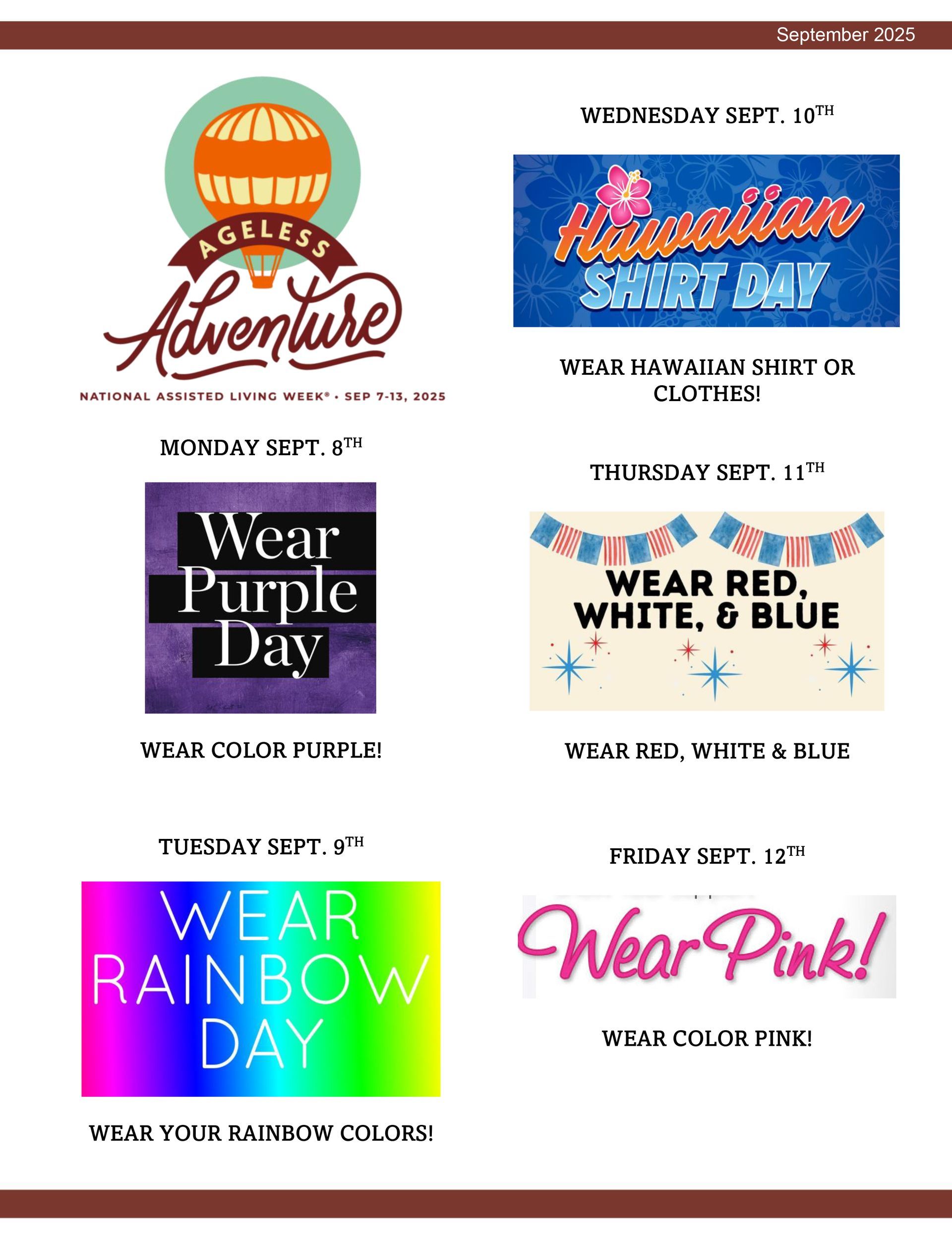 Flyer: Ageless Adventure, daily dress-up themes. Wednesday: Hawaiian Shirt Day. Thursday: Wear red, white, and blue.