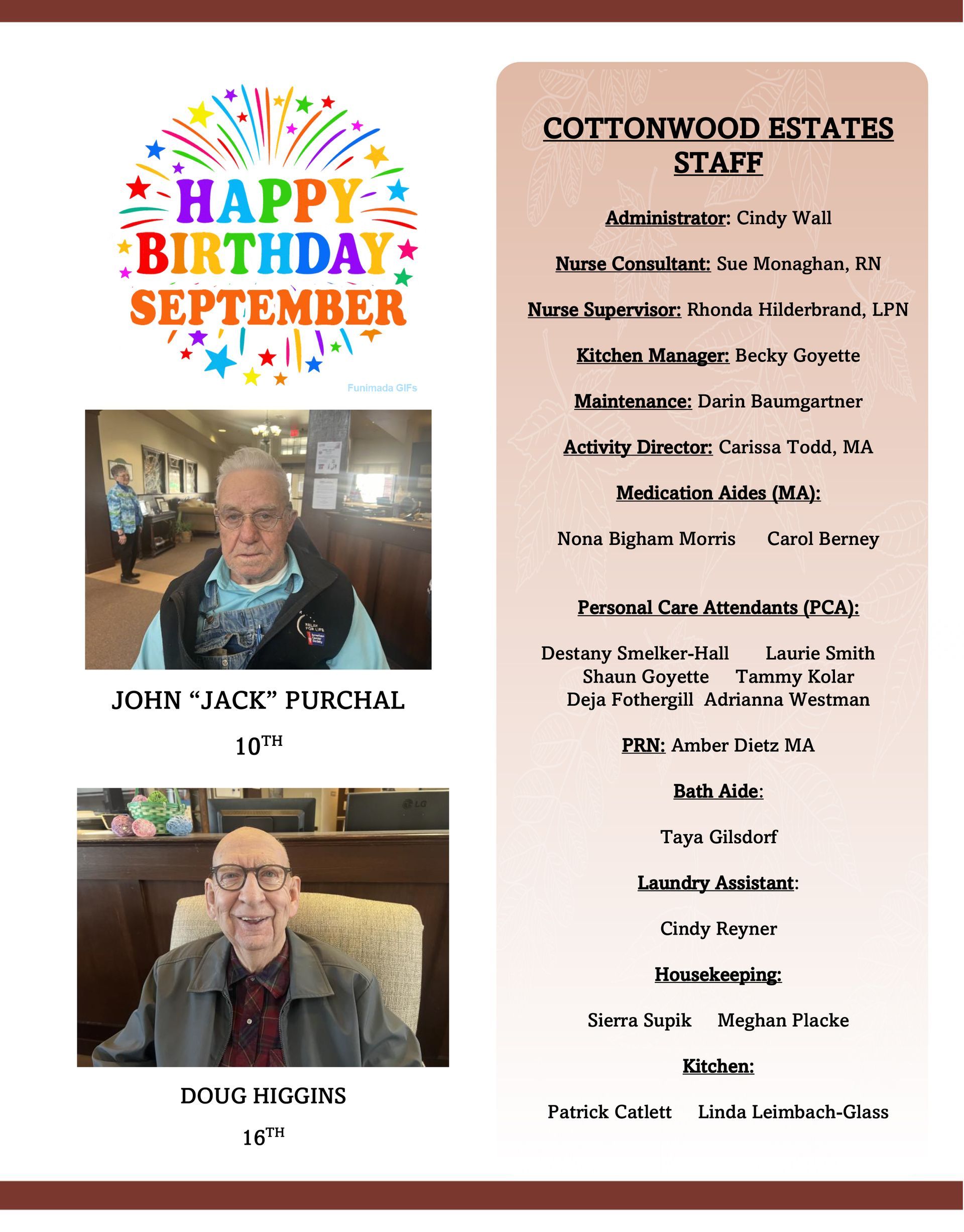 Flyer: Happy Birthday September. Residents list for Cottonwood Estates.