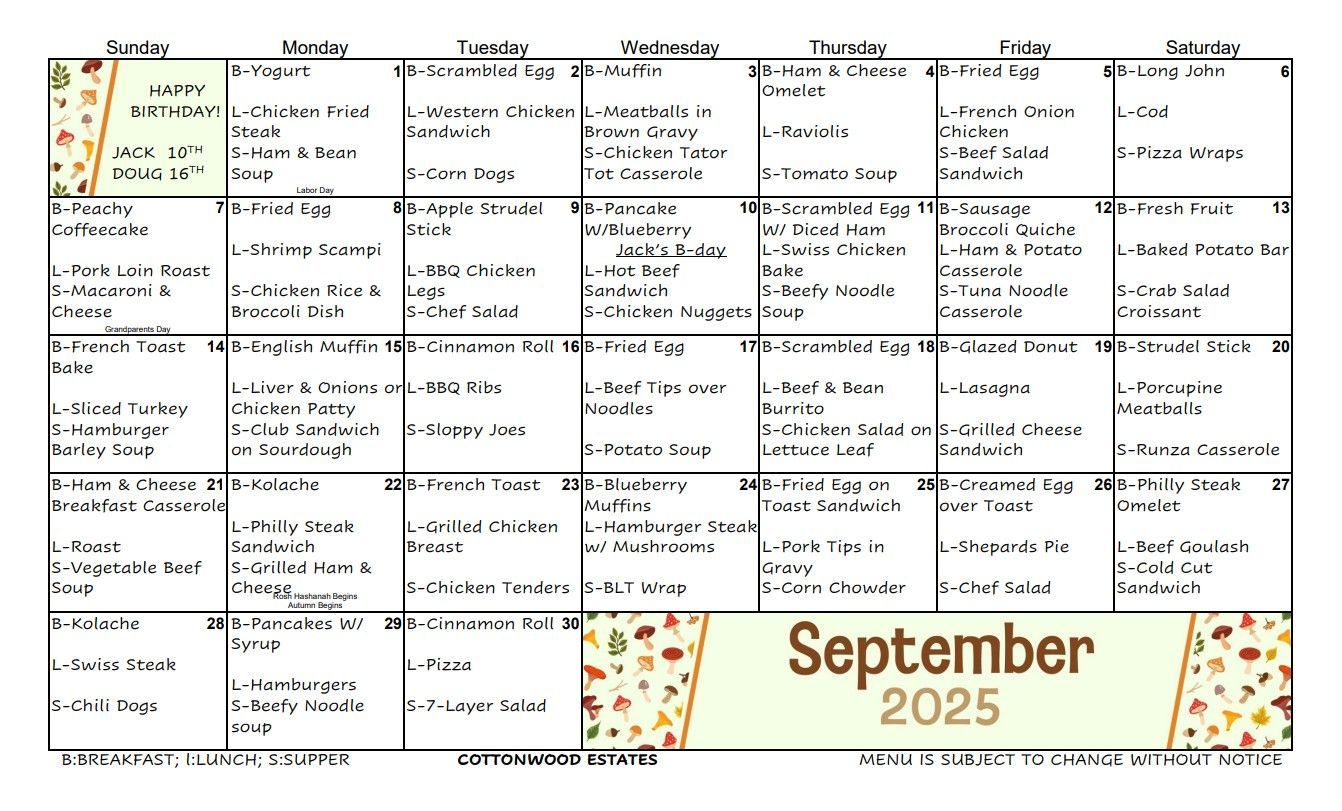 September 2025 calendar with daily schedule organized by the week and including the date.
