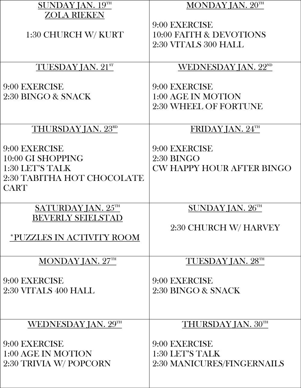 Schedule of Activities for January 2025 — Central City, NE — Cottonwood Estates