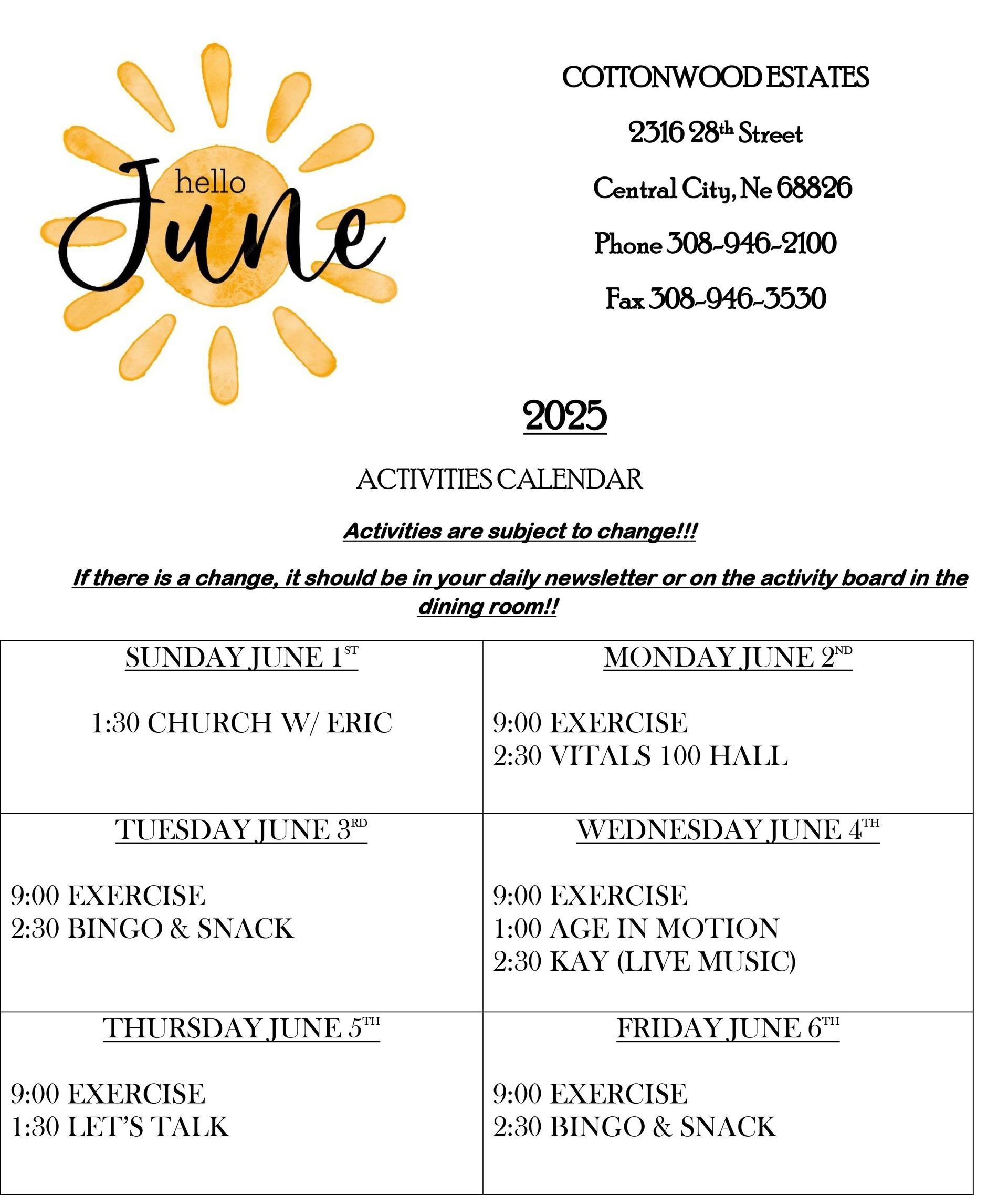 A calendar for the month of june with a sun on it.