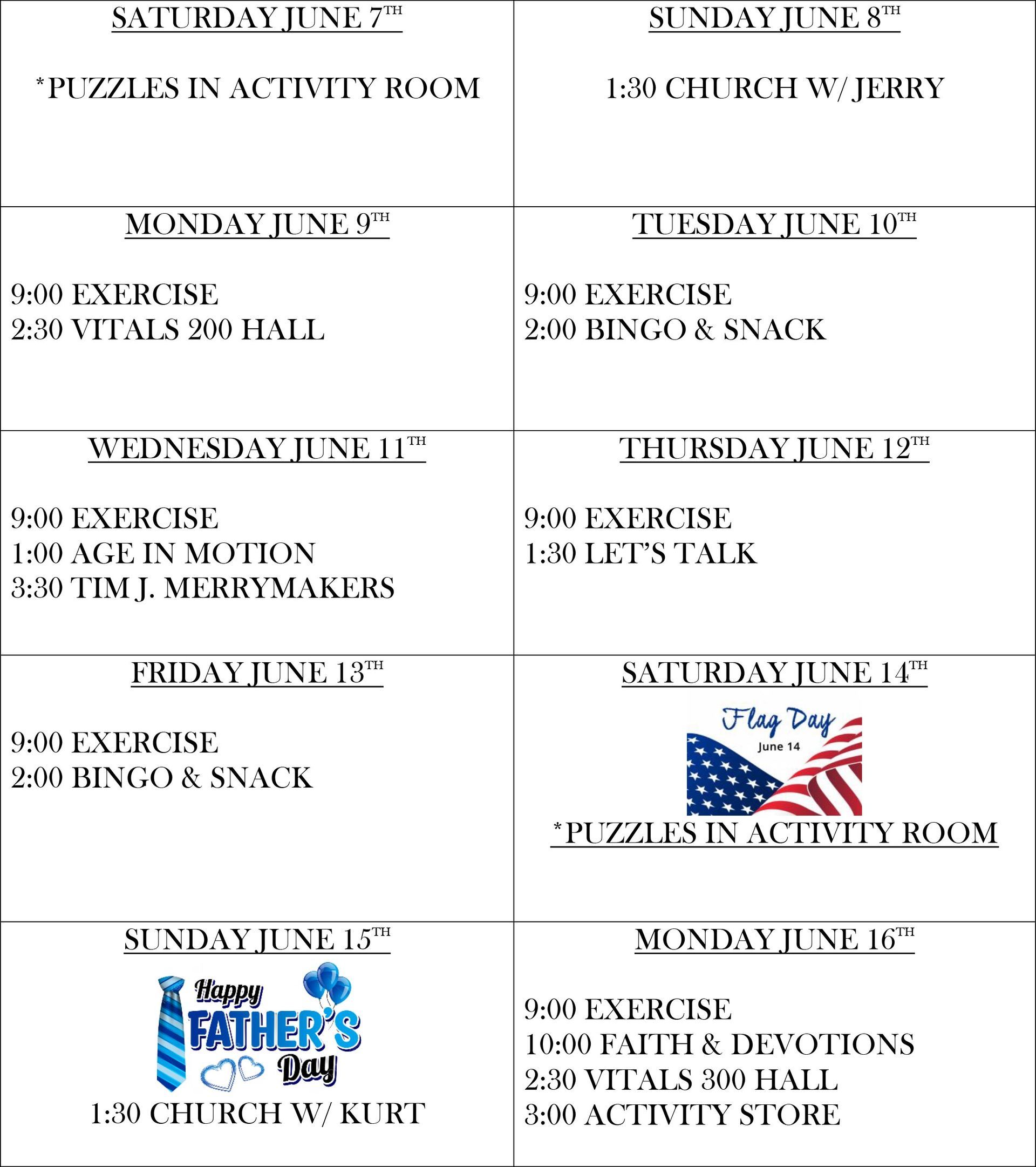 A list of activities for father 's day including bingo and snack