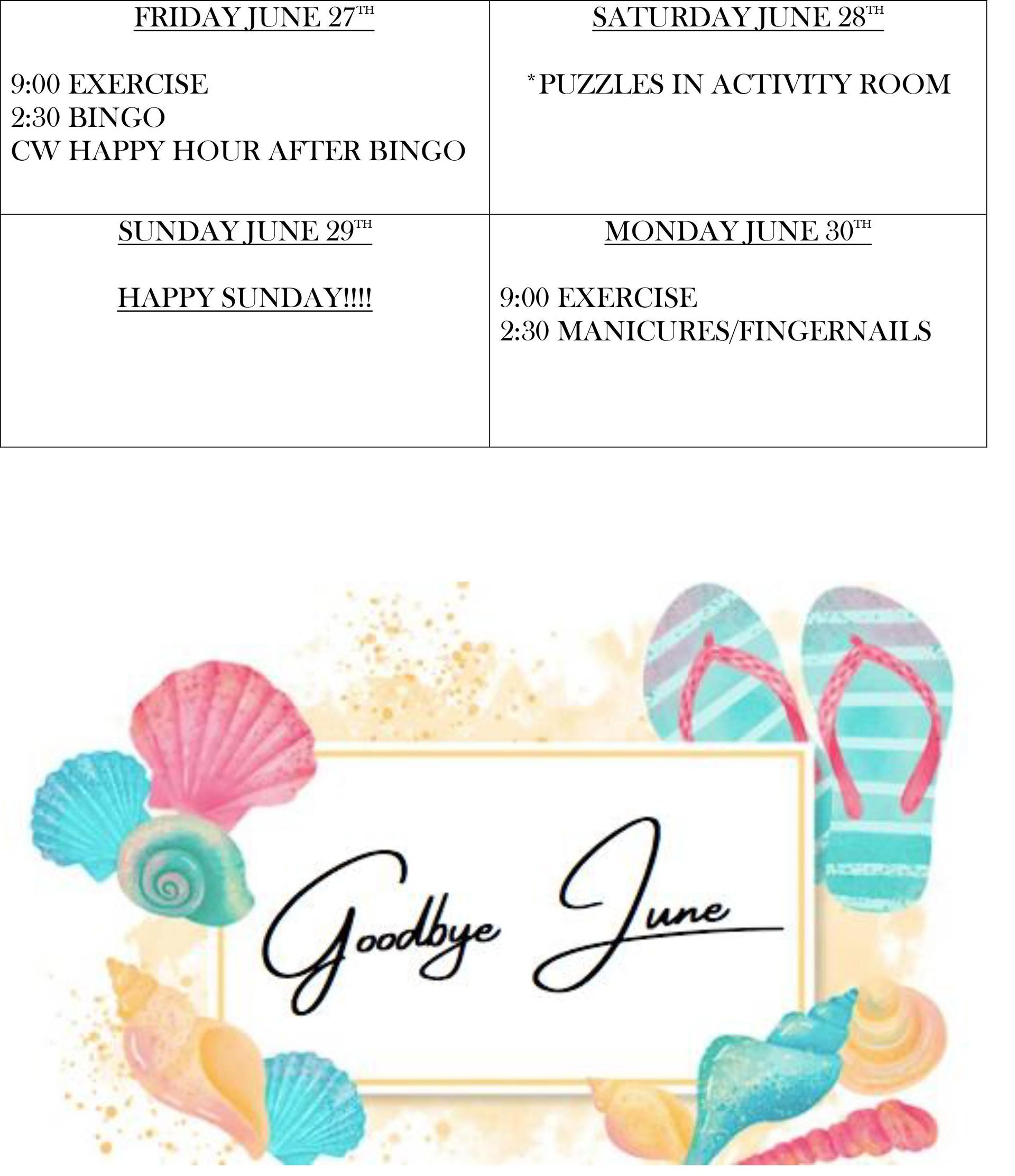 A goodbye june card with seashells and flip flops