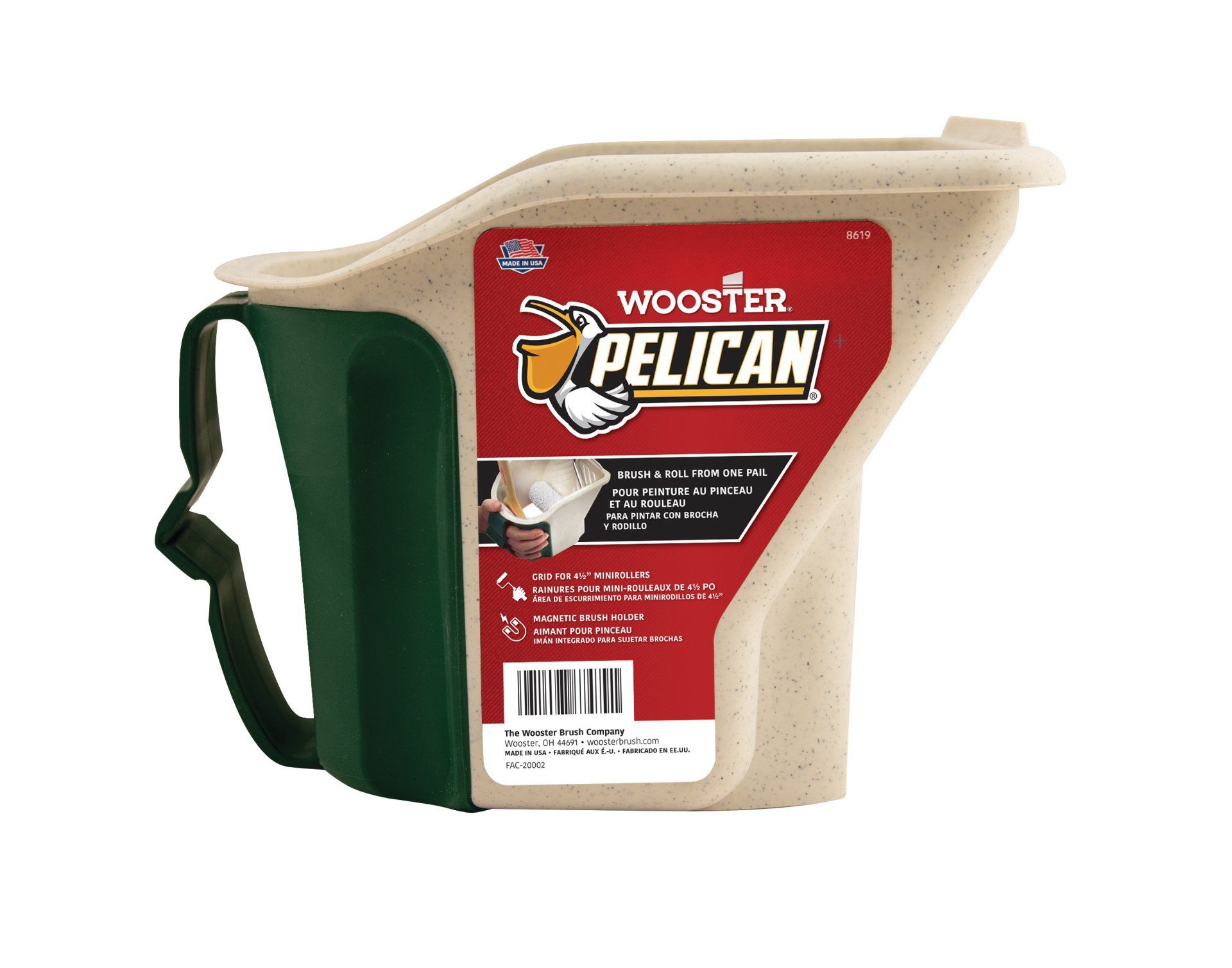 A pelican bucket with a green handle on a white background