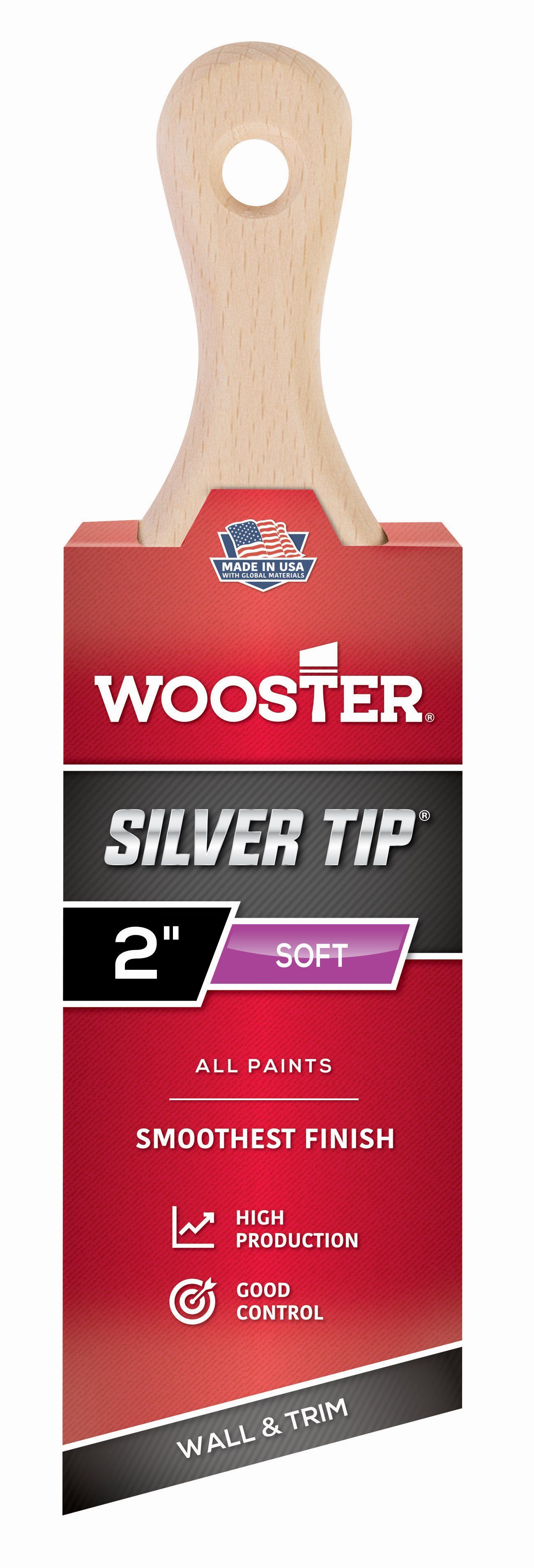 A wooster silver tip paint brush with a wooden handle