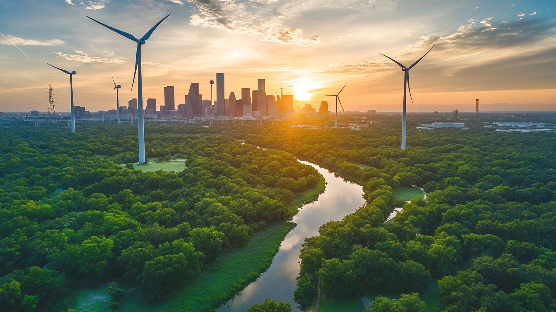Wind turbines rise above a lush, green forest with a winding river leading toward a city skyline at sunset.