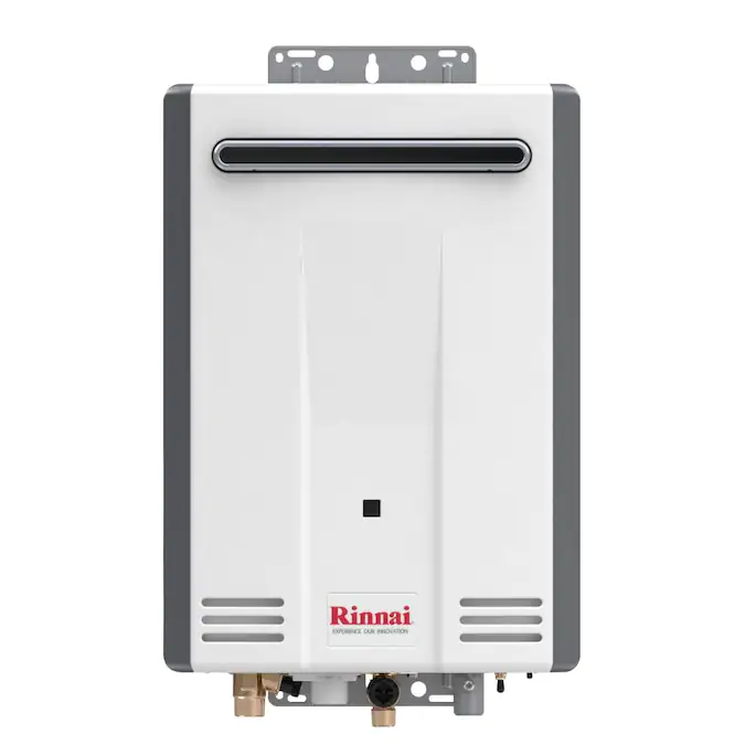 A rinnai water heater is shown on a white background.