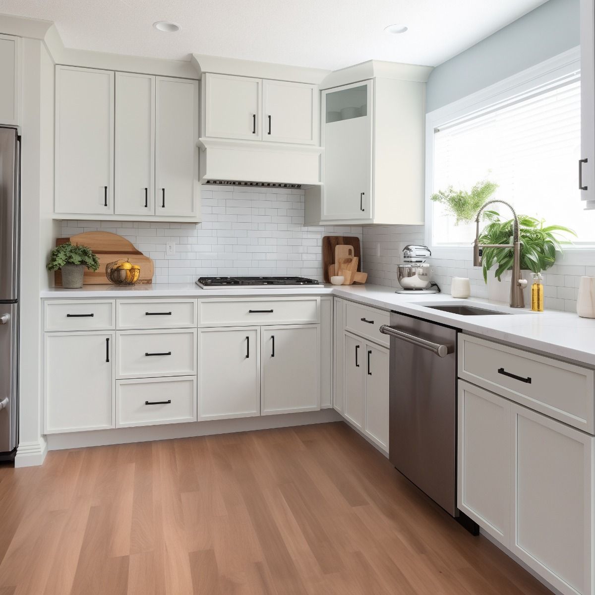 White kitchen with wood floor and stainless steel appliances, featuring cabinets, countertops, and a window.