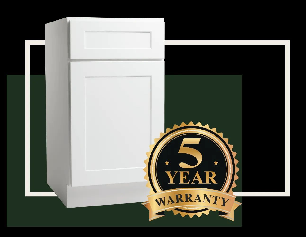 White kitchen cabinet with a 5-year warranty seal.