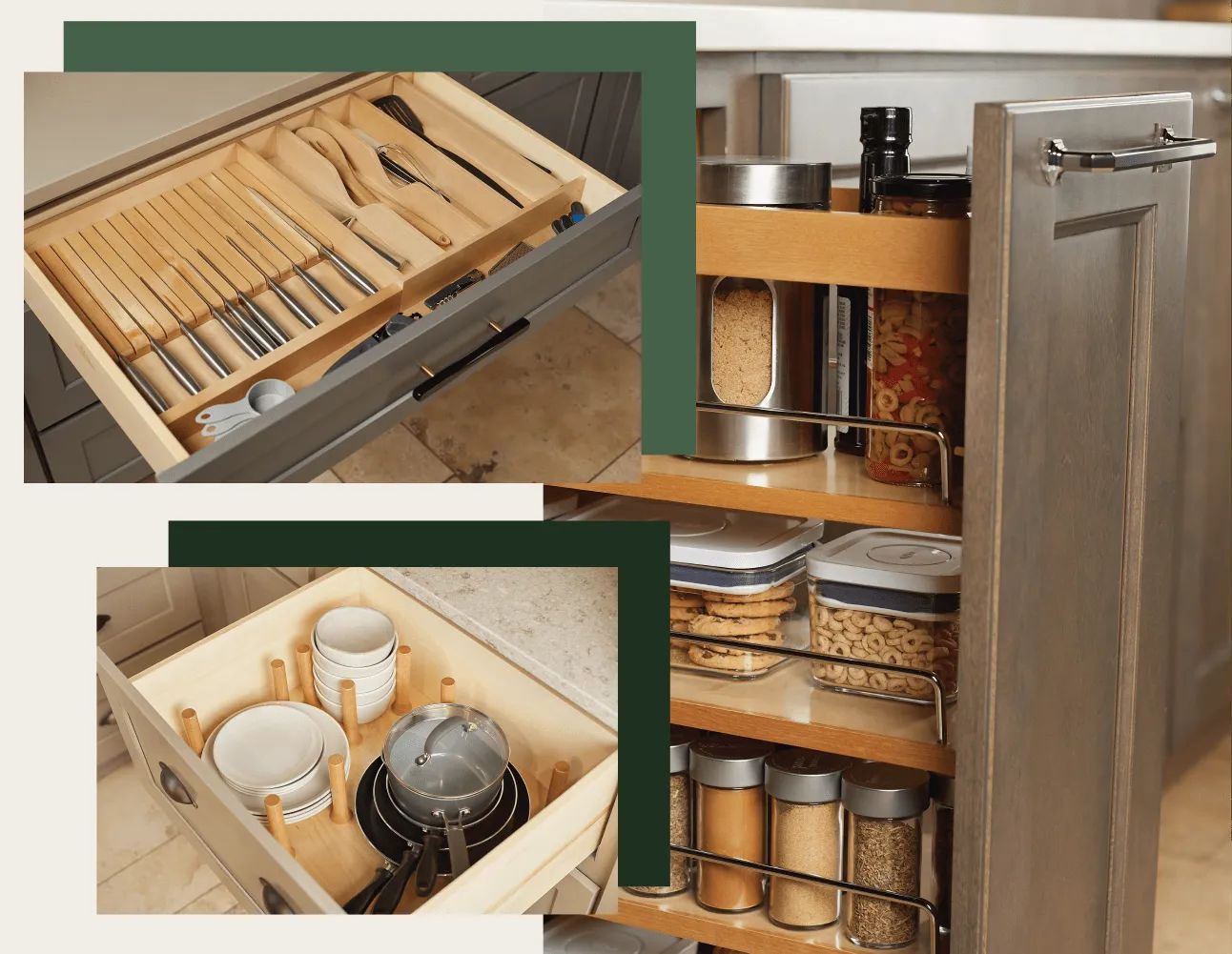 Kitchen cabinet organization: drawer with utensils, spice rack with jars, and pot/pan storage.
