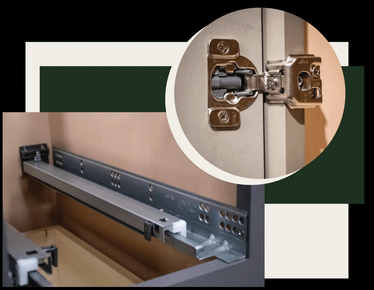 Cabinet hardware detail: drawer slides and a cabinet hinge.