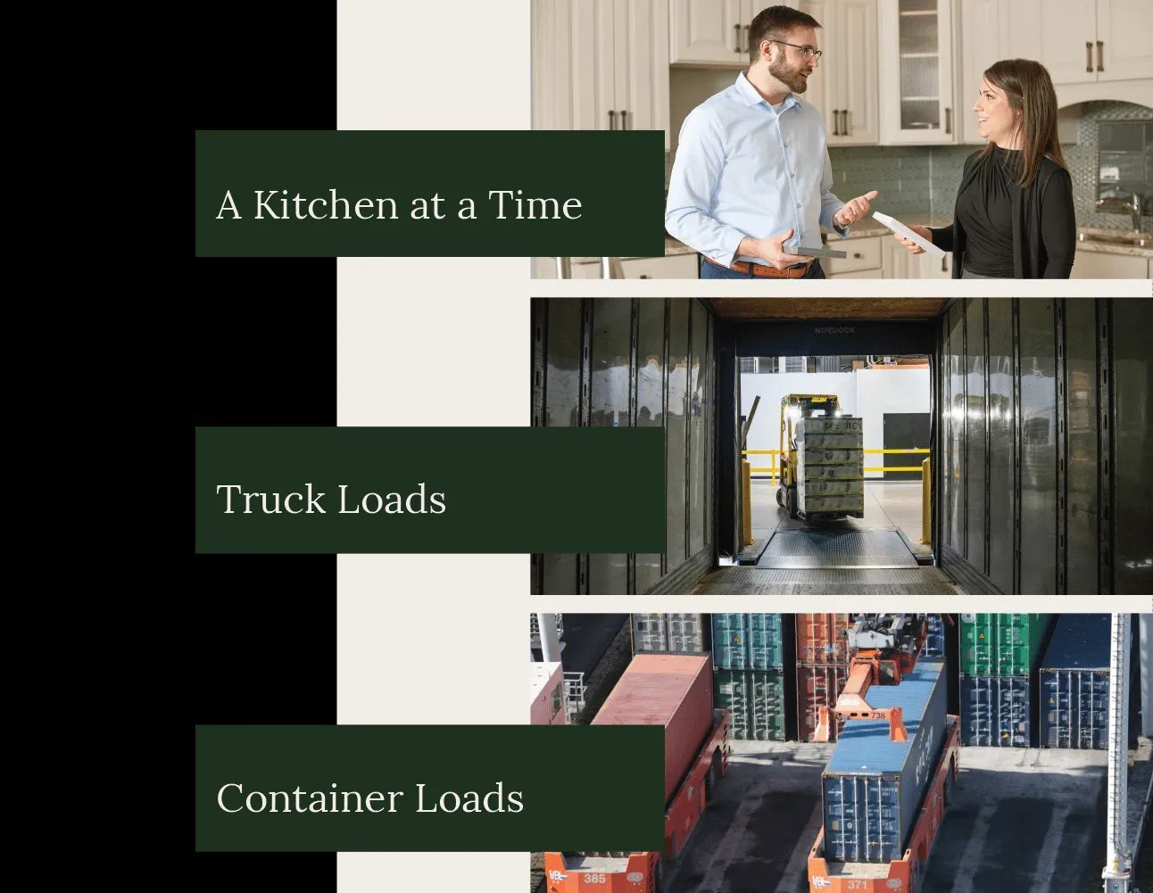 People discussing a kitchen, truck loading, and shipping containers, showcasing product supply chain.