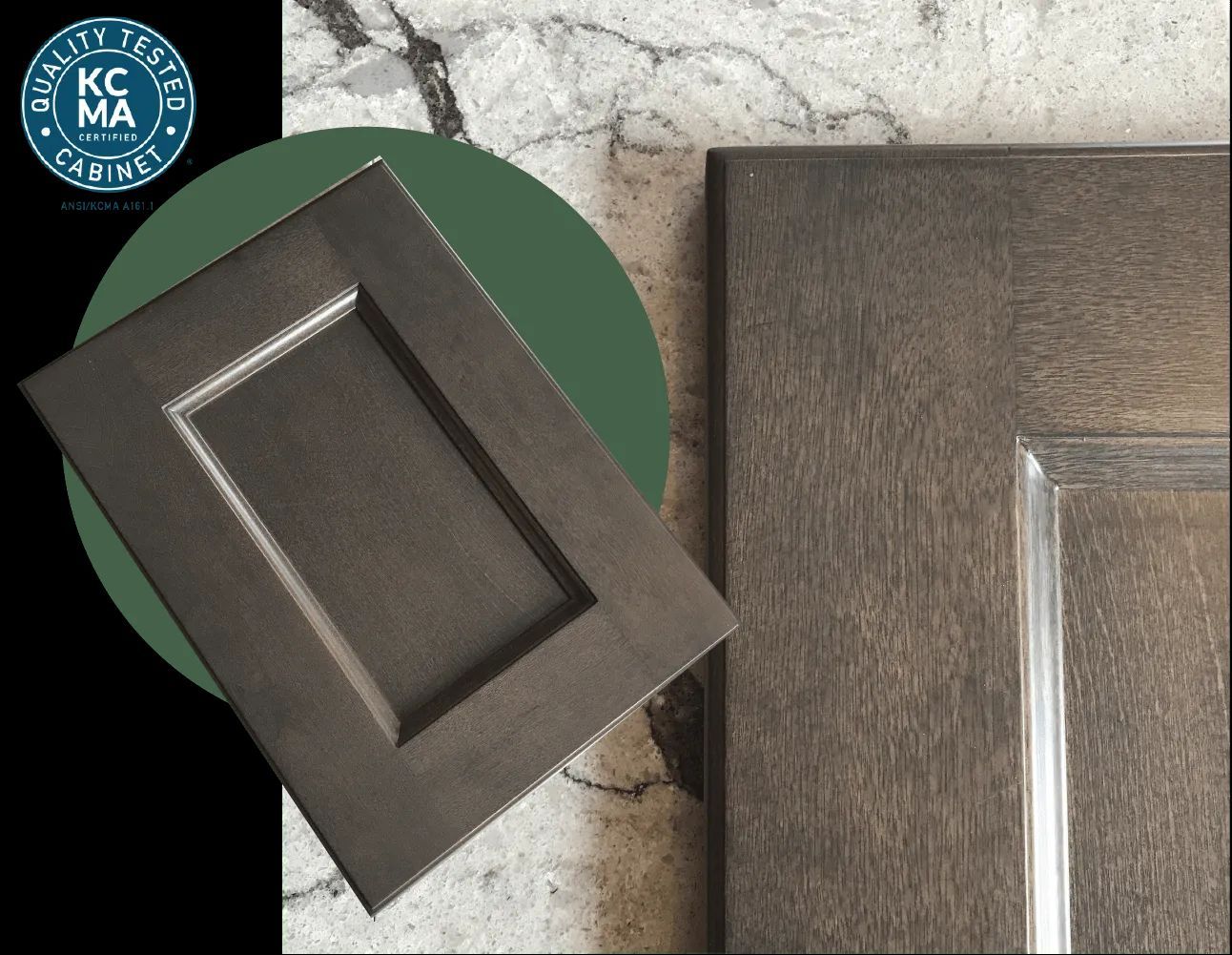 Two cabinet doors, dark brown stain, on a green circle against a marble background.