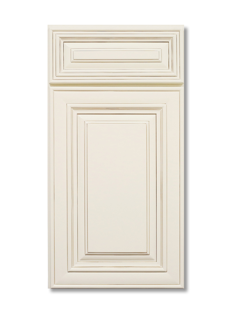 Off-white kitchen cabinet door with raised panel and decorative molding.