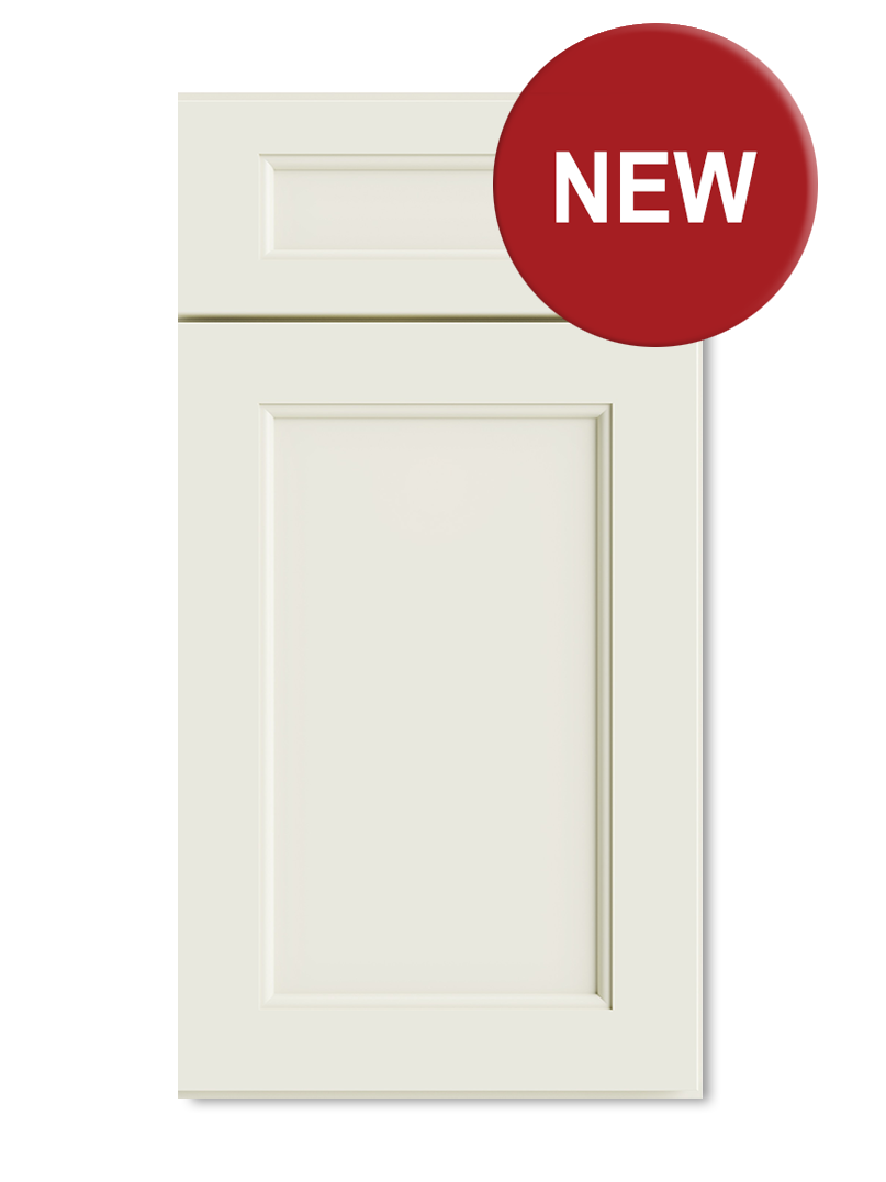 Cream-colored kitchen cabinet door with raised panel and upper detail; red 