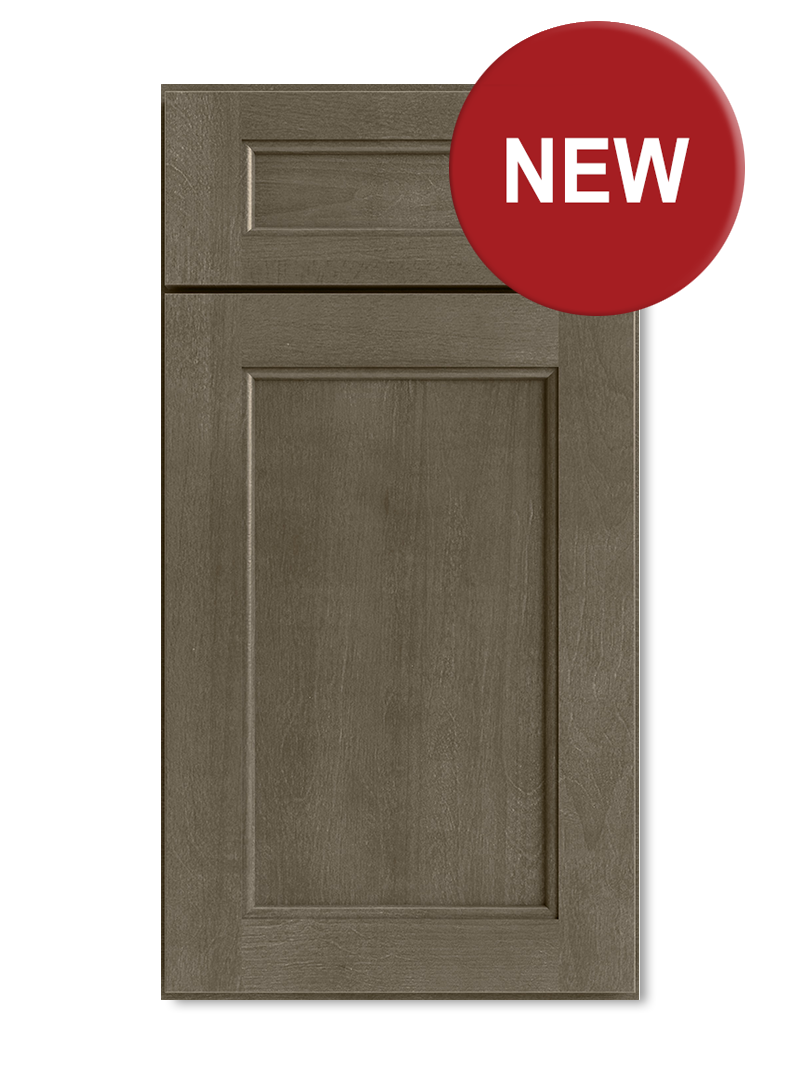 Brown kitchen cabinet door with a framed center panel, labeled 