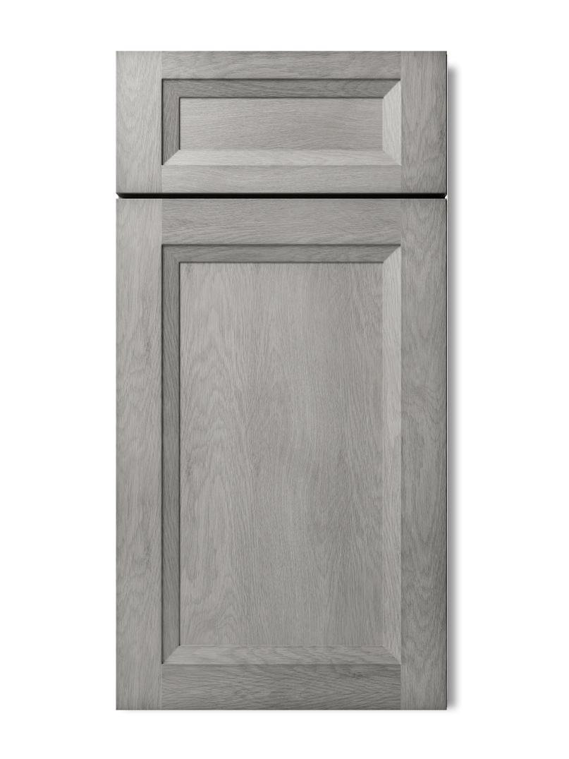 Gray kitchen cabinet door with raised panel and recessed upper panel.