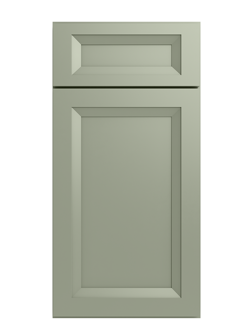 Sage green kitchen cabinet door with raised panel and upper molding.
