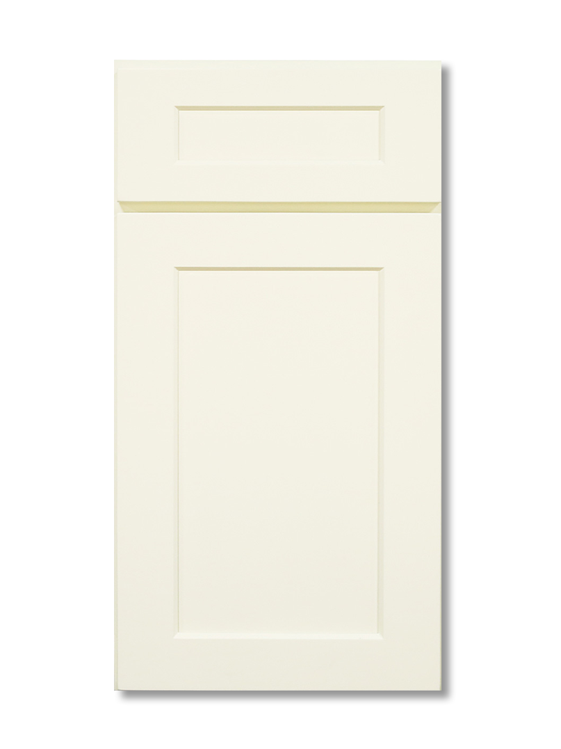 Cream-colored kitchen cabinet door with a raised panel design, against a white background.