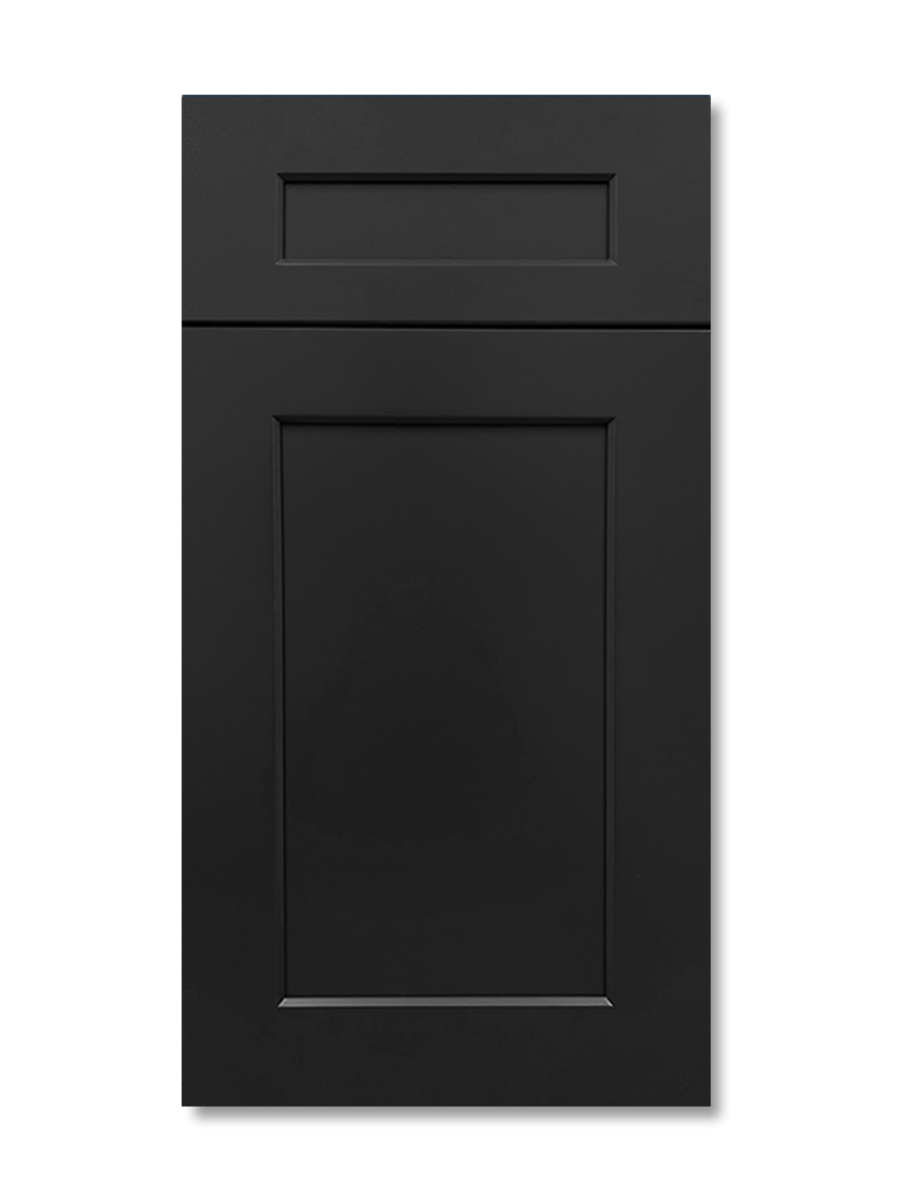 Black kitchen cabinet door with recessed panel and top horizontal detail.