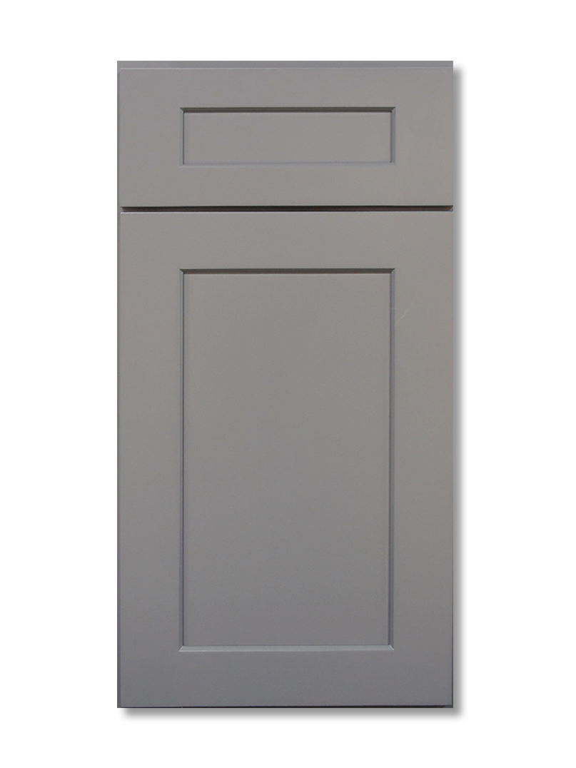 Gray kitchen cabinet door with a shaker style.