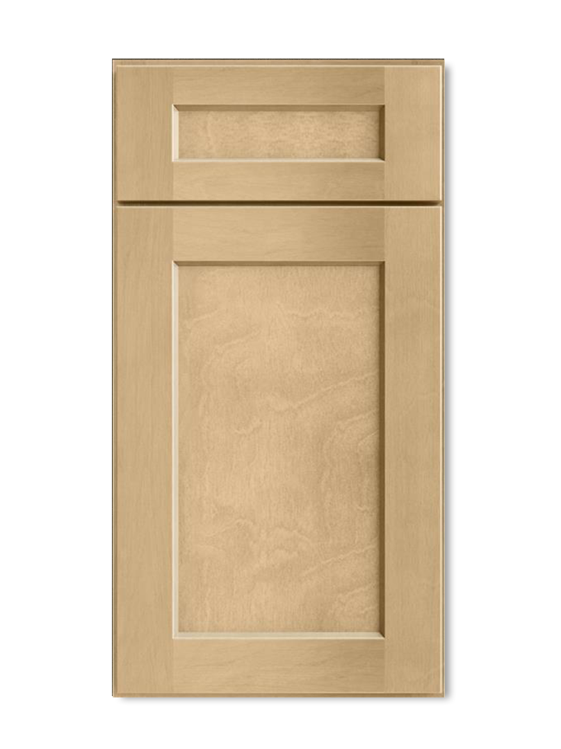 Light wood-toned kitchen cabinet door with a raised panel design, against a white background.