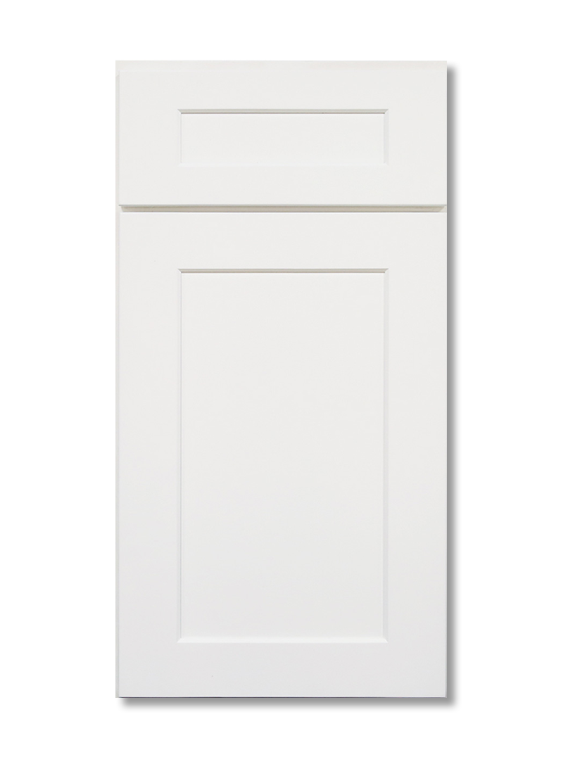 White Shaker-style cabinet door with a raised panel.