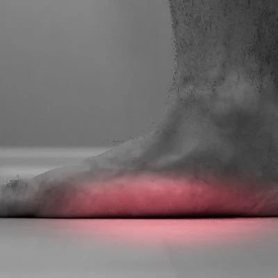 A close up of a person 's foot with a red spot on it.