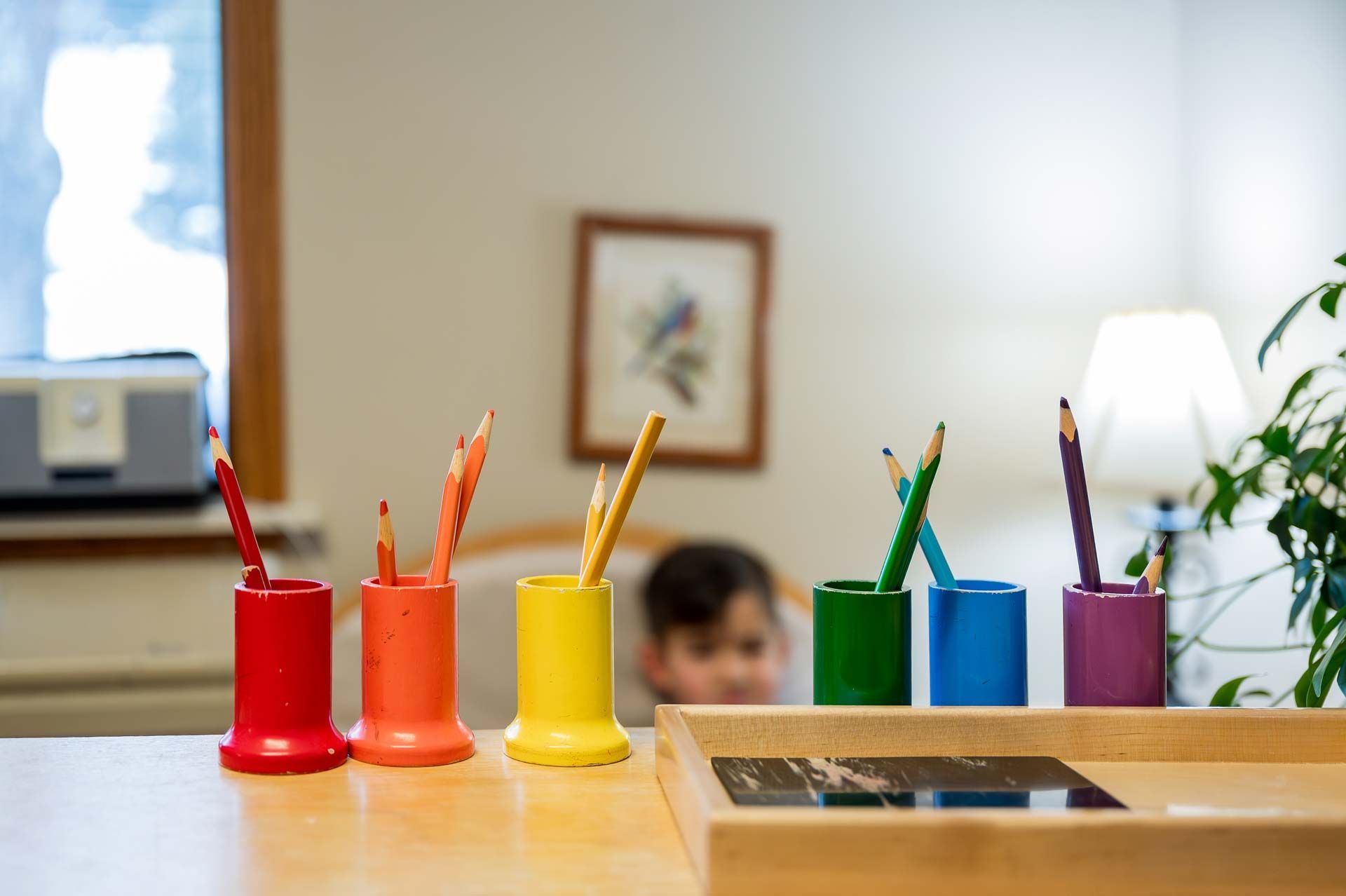 Montessori color coded pencil holders with matching colored pencils