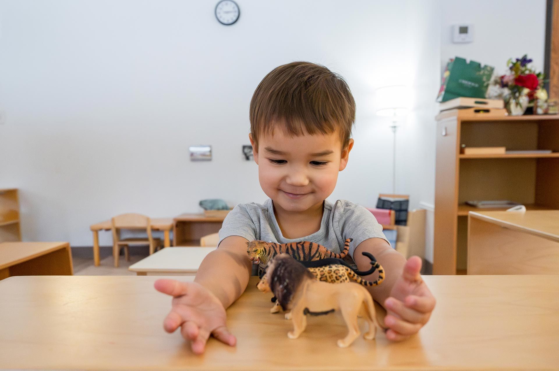 montessori child exploring animal figurines at a classroom table

