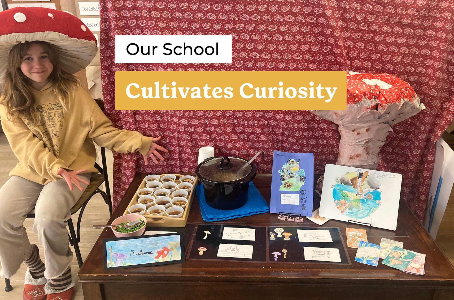 montessori child presenting mushroom project display with models and food items