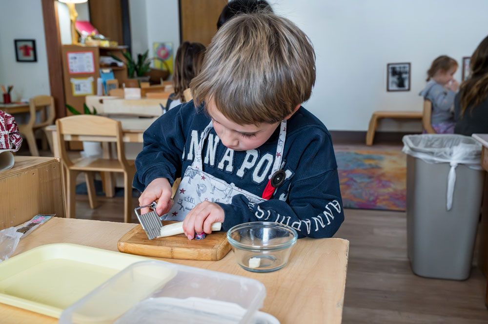 montessori child slicing a vegetable with a crinkle cutter during a classroom cooking activity