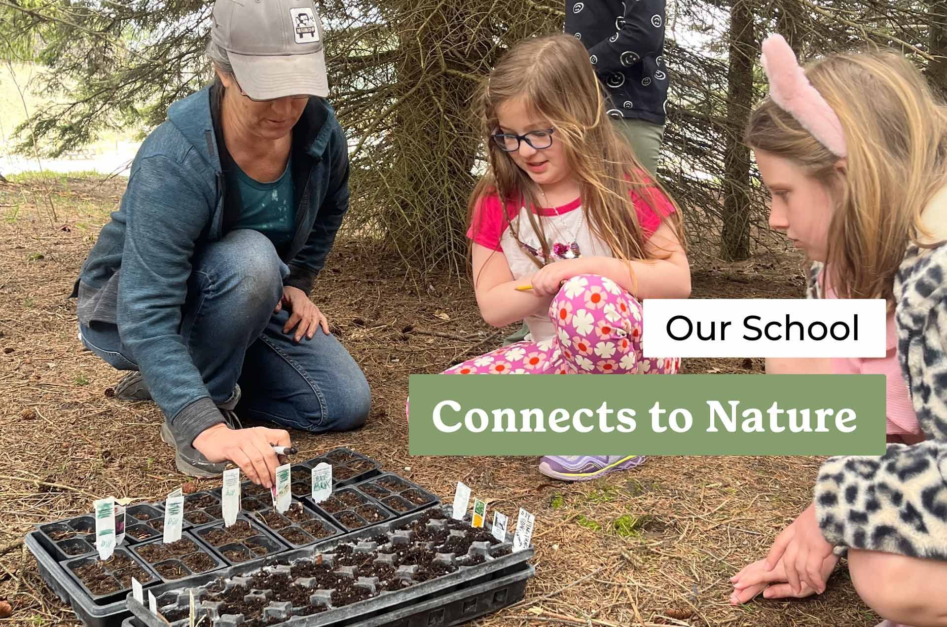 montessori children planting seeds with adult guidance outdoors