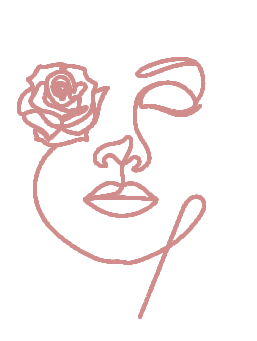 Un dibujo lineal del rostro de una mujer con una rosa en el ojo.