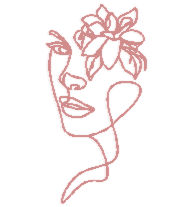 Un dibujo lineal del rostro de una mujer con una flor en el cabello.