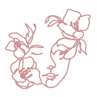 Un dibujo lineal del rostro de una mujer con flores a su alrededor.
